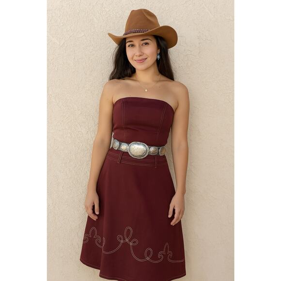 Guess Strapless Dress Country Western Boho Cotton Spandex Burgundy Large - Picture 1 of 11